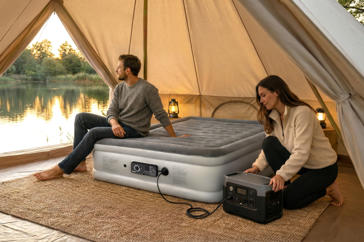 two people setting up a Huddle Never Deflate™ Air Bed inside of a tent