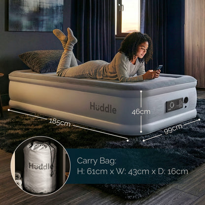 Single Huddle air mattress with woman using a phone, dimensions 185 × 99 × 46 cm; carry bag shown inset