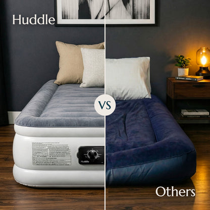 Split image compares a Huddle air mattress with built-in pump on the left to a sagging competitor mattress on the right
